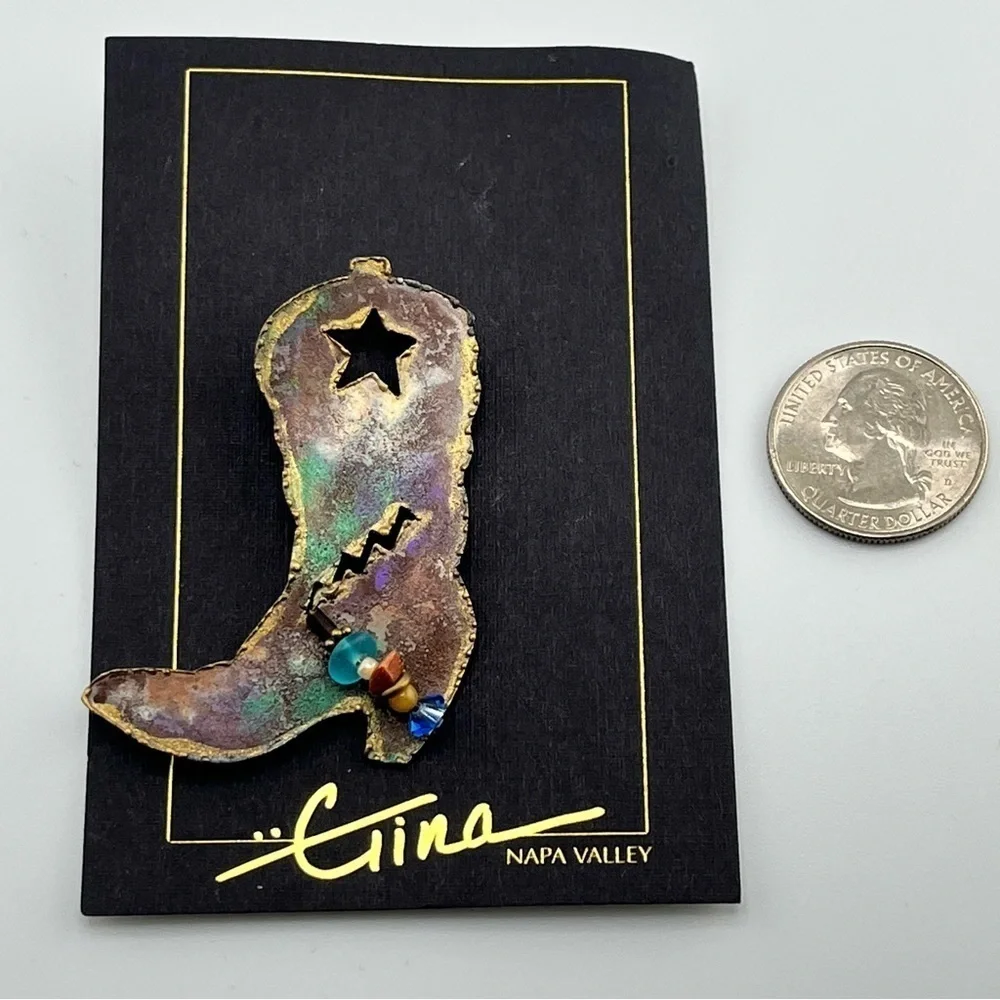 NWT Gina Napa Valley Western Boot Brooch Hand Painted Brass Wire Adorn Beads